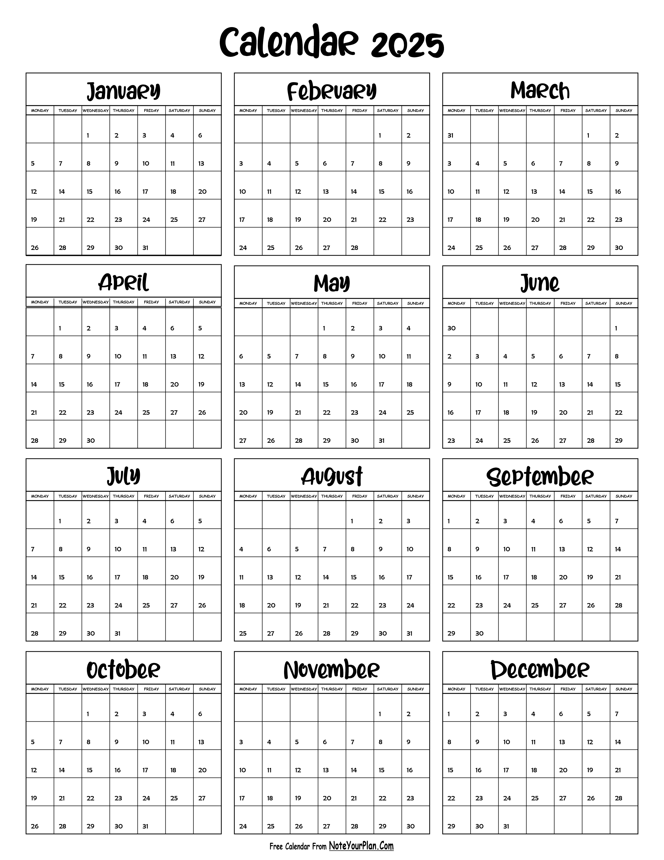 2025 Calendar Template - MS
